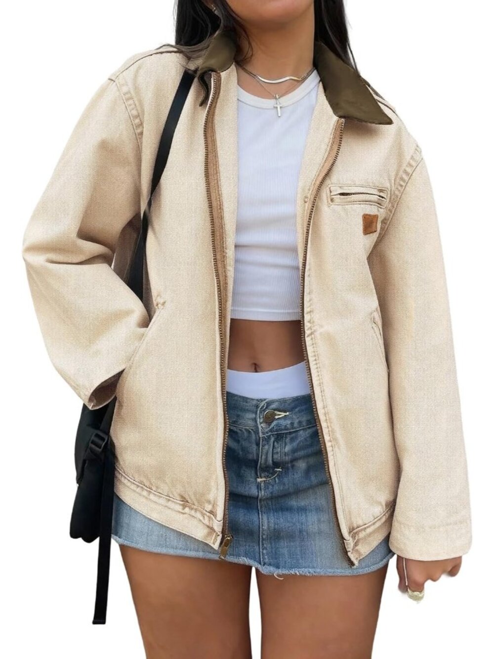 Women's Khaki Barn Jean Cropped Zip Up Denim Jackets Contrast Collar and Pockets